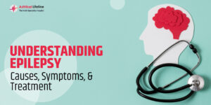 Understanding Epilepsy - Causes, Symptoms, & Treatment A medical-themed image featuring a silhouette of a human head with a red brain illustration and a stethoscope