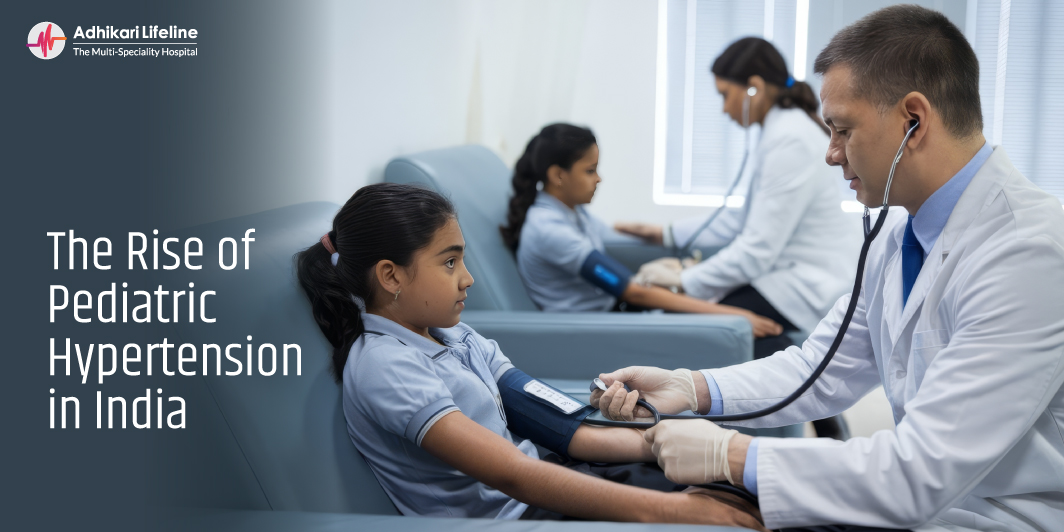 Doctor checking blood pressure of school children – Rise of Pediatric Hypertension in India – Adhikari Lifeline Hospital