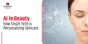 AI in Beauty – Smart technology personalizing skincare – woman’s face with digital network overlay – Adhikari Lifeline Cosmetics