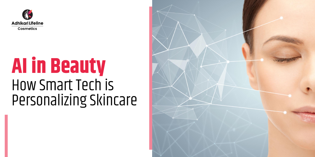 AI in Beauty – Smart technology personalizing skincare – woman’s face with digital network overlay – Adhikari Lifeline Cosmetics