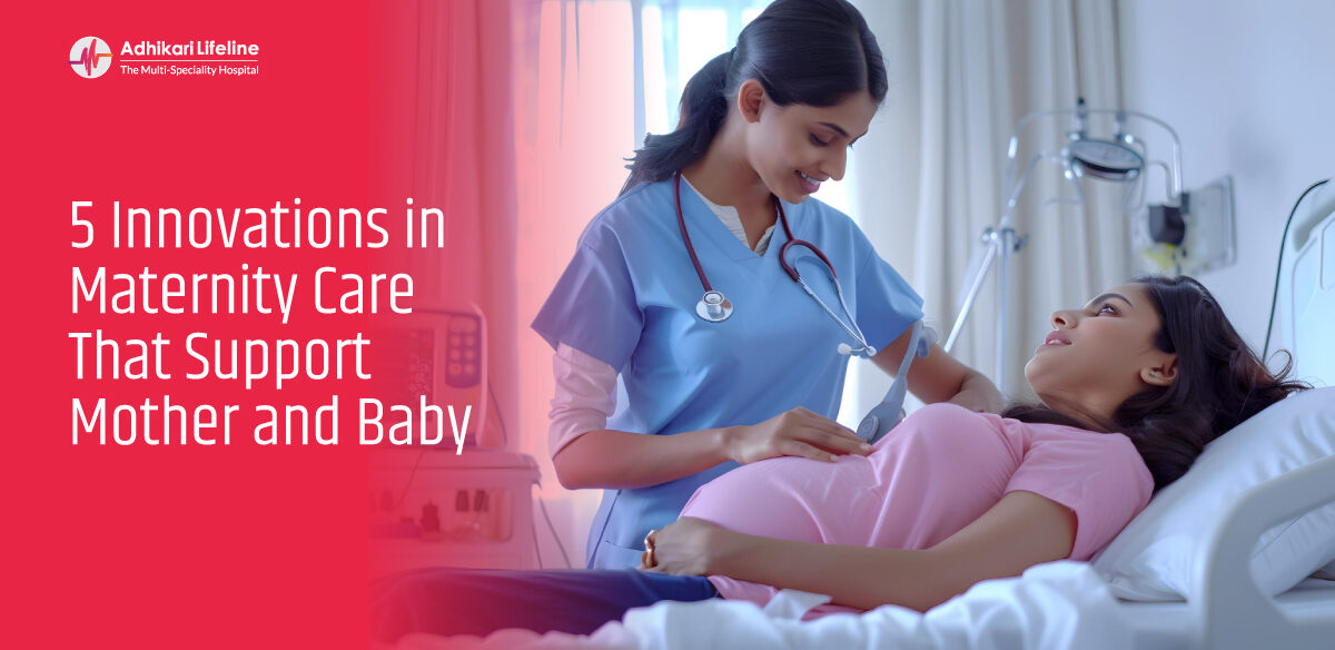 A nurse caring for a pregnant woman in a hospital bed with the text “5 Innovations in Maternity Care.”
