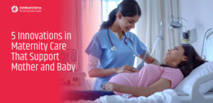 A nurse caring for a pregnant woman in a hospital bed with the text “5 Innovations in Maternity Care.”